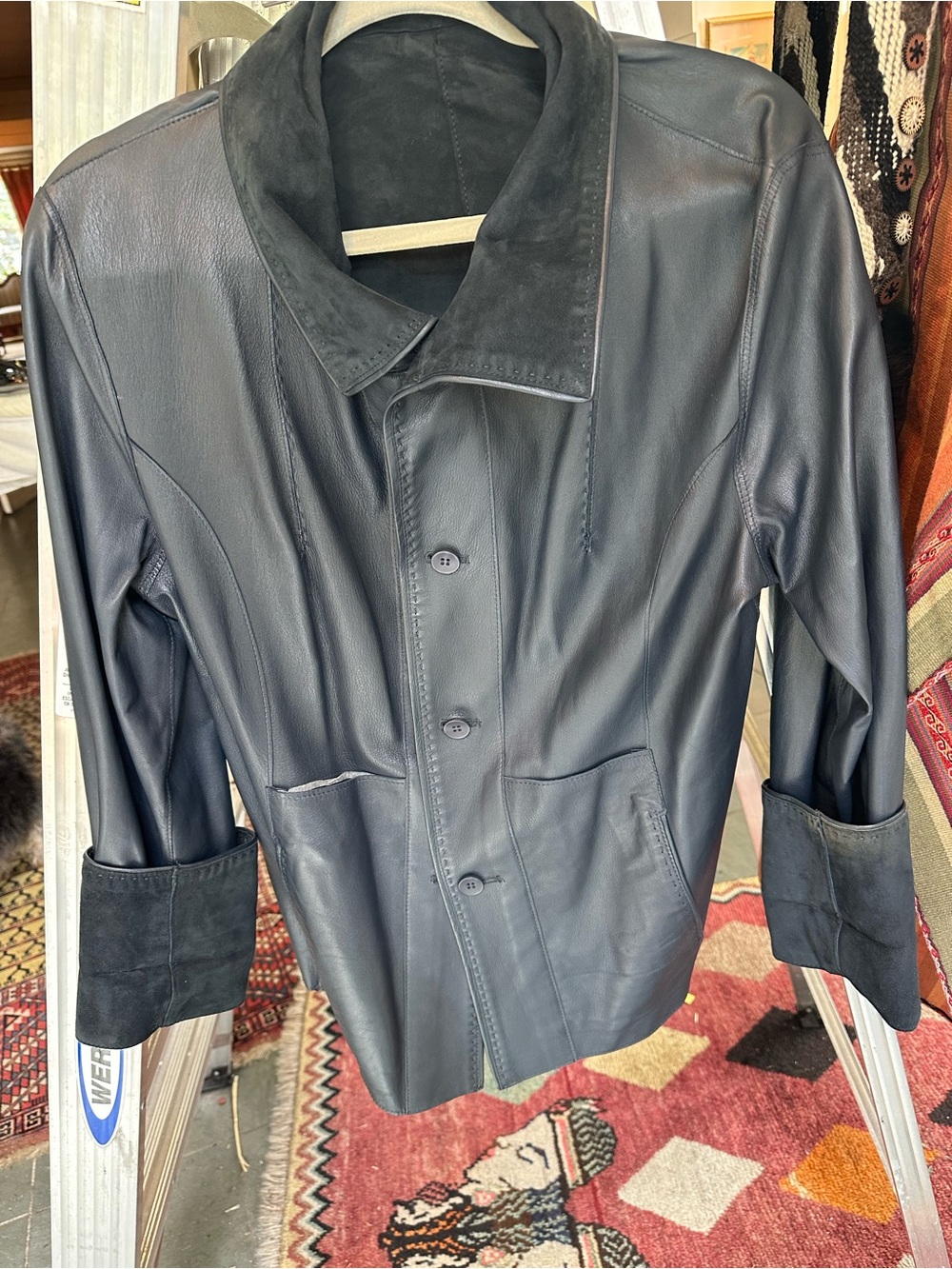 Women's Black Leather Button-Front Jacket with Suede Trim
